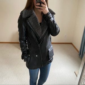 Black faux leather jacket with fuzzy collar
